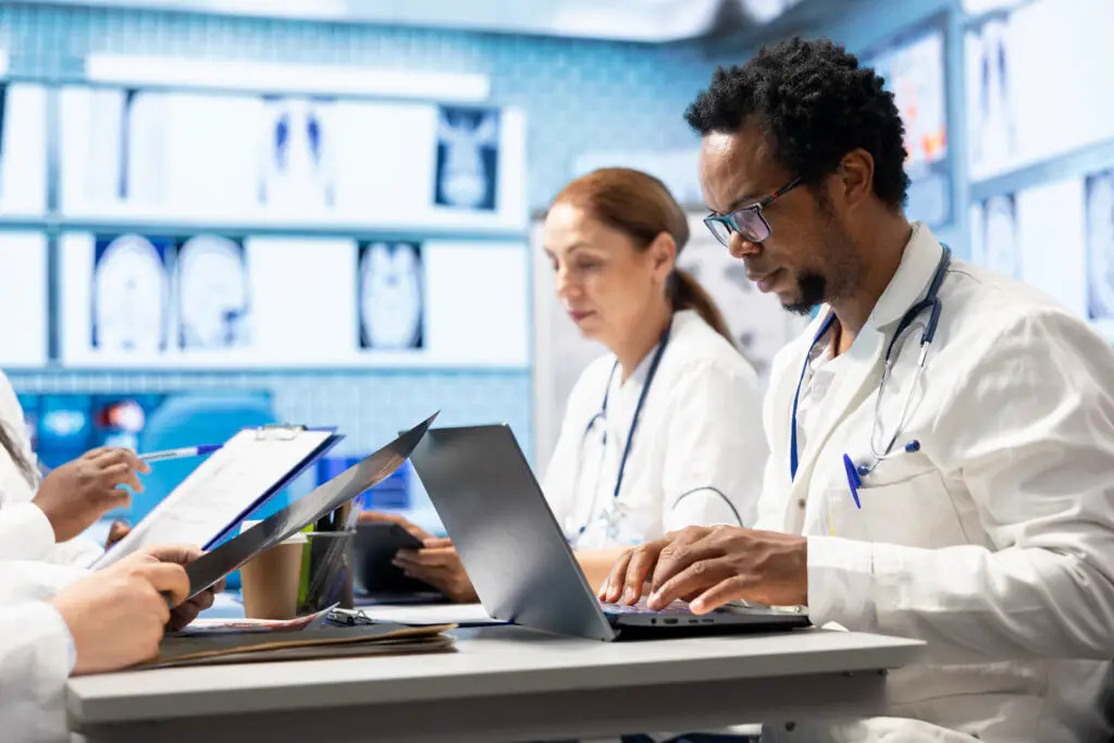 Medical professionals collaborating in a modern office